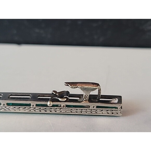 925 Sterling Silver Green Crystal Bar Brooch Vintage - Picture 8 of 10
